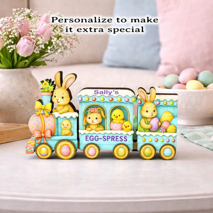 Easter Train Shelf Sitter – Bunnies, Chicks & Eggs, Personalized Wooden Spring Mantel Decor