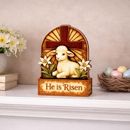 He Is Risen Lamb & Cross Easter Shelf Sitter – Personalized Wooden Christian Mantel Decor