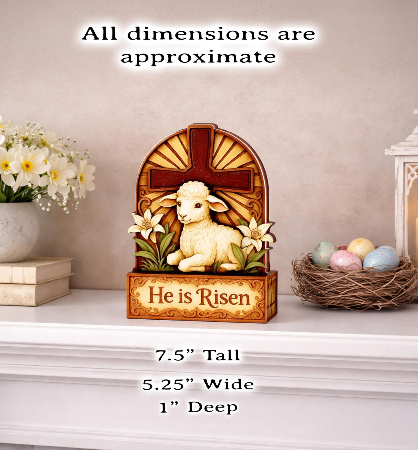 He Is Risen Lamb & Cross Easter Shelf Sitter – Personalized Wooden Christian Mantel Decor