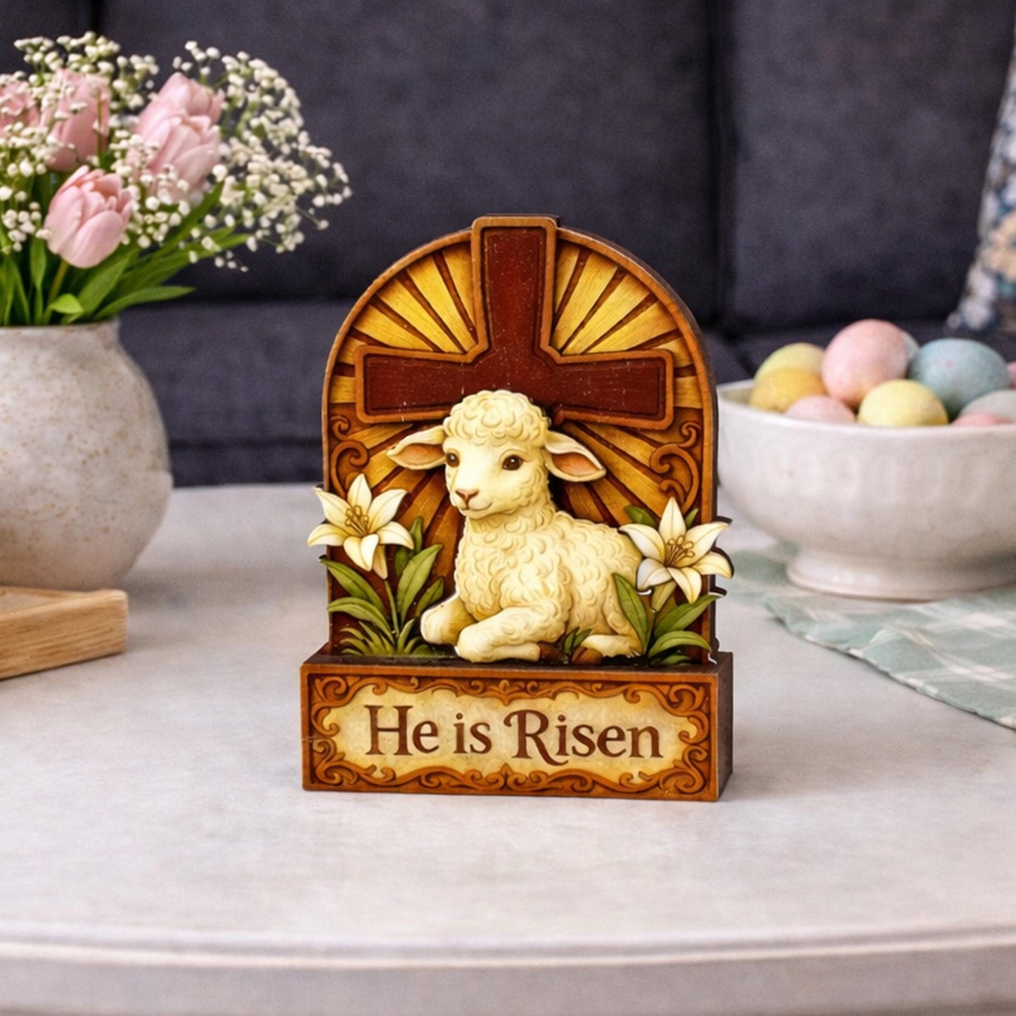 He Is Risen Lamb & Cross Easter Shelf Sitter – Personalized Wooden Christian Mantel Decor