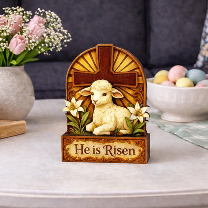 He Is Risen Lamb & Cross Easter Shelf Sitter – Personalized Wooden Christian Mantel Decor