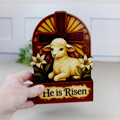He Is Risen Lamb & Cross Easter Shelf Sitter – Personalized Wooden Christian Mantel Decor