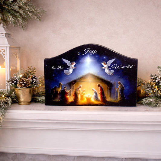 Nativity Scene Shelf Sitter – “Joy to the World” Personalized Wooden Manger Decor