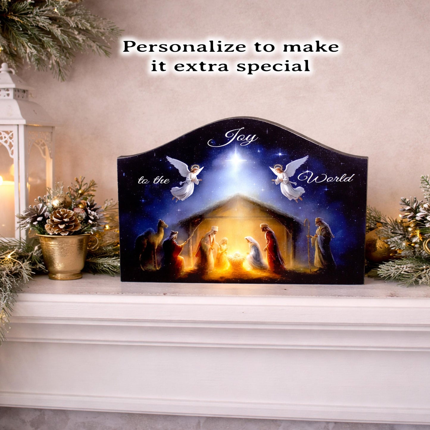 Nativity Scene Shelf Sitter – “Joy to the World” Personalized Wooden Manger Decor