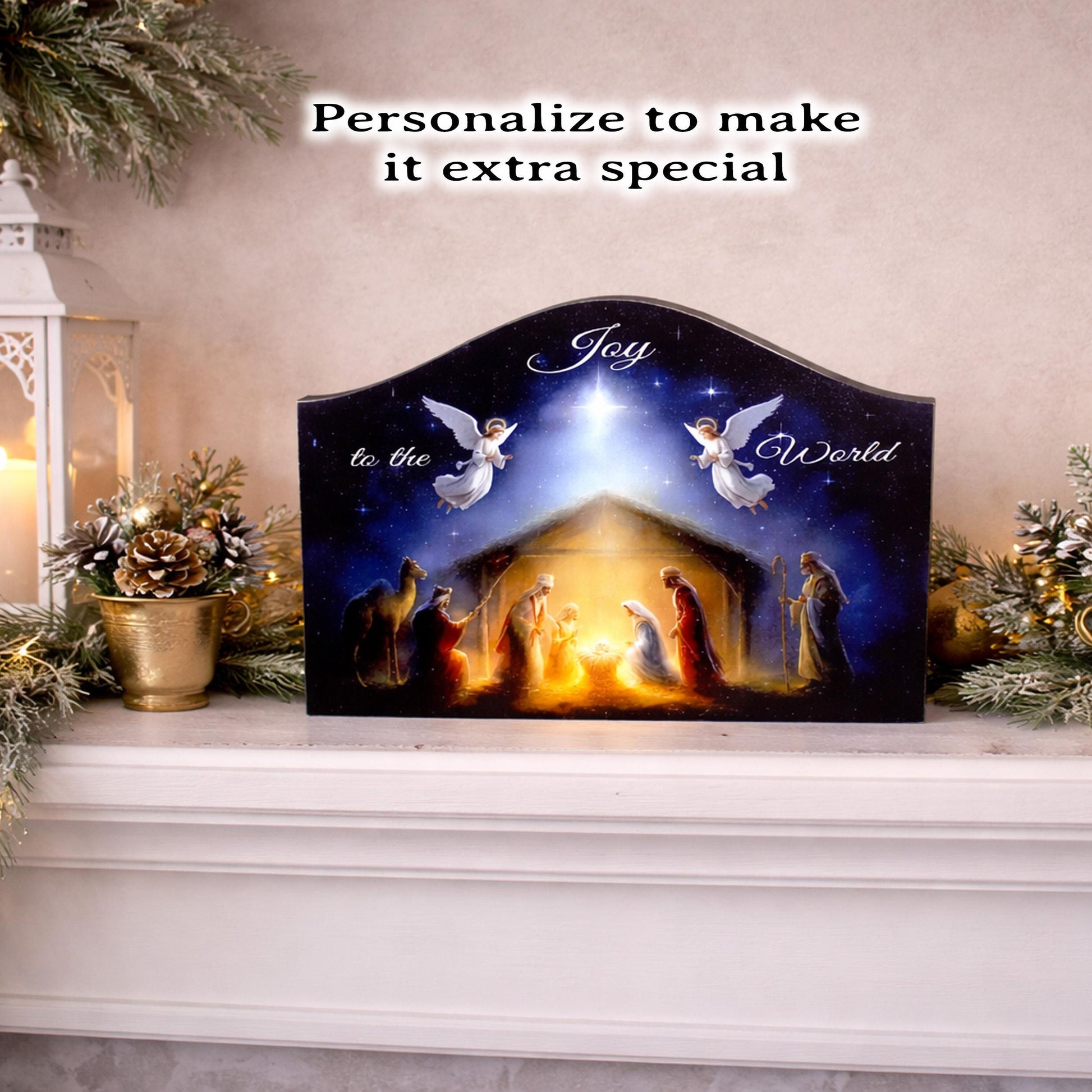 Nativity Scene Shelf Sitter – “Joy to the World” Personalized Wooden Manger Decor