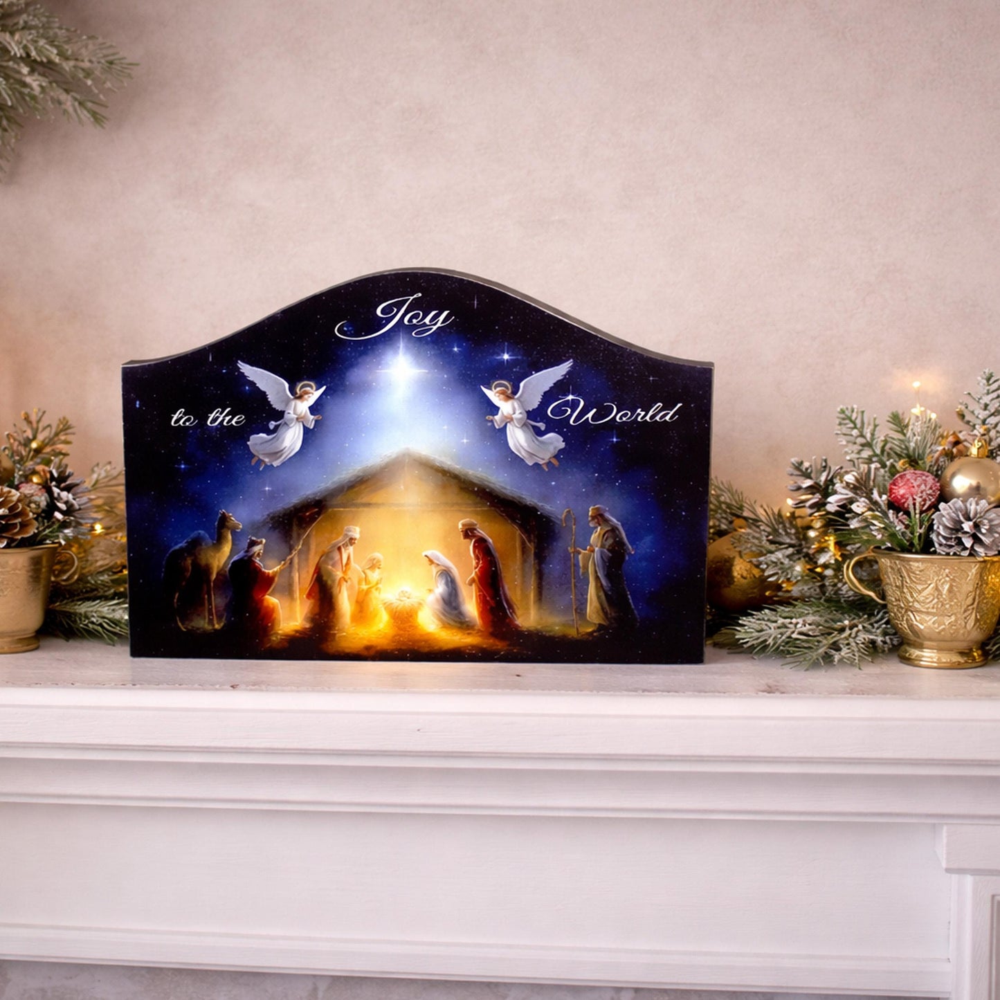 Nativity Scene Shelf Sitter – “Joy to the World” Personalized Wooden Manger Decor