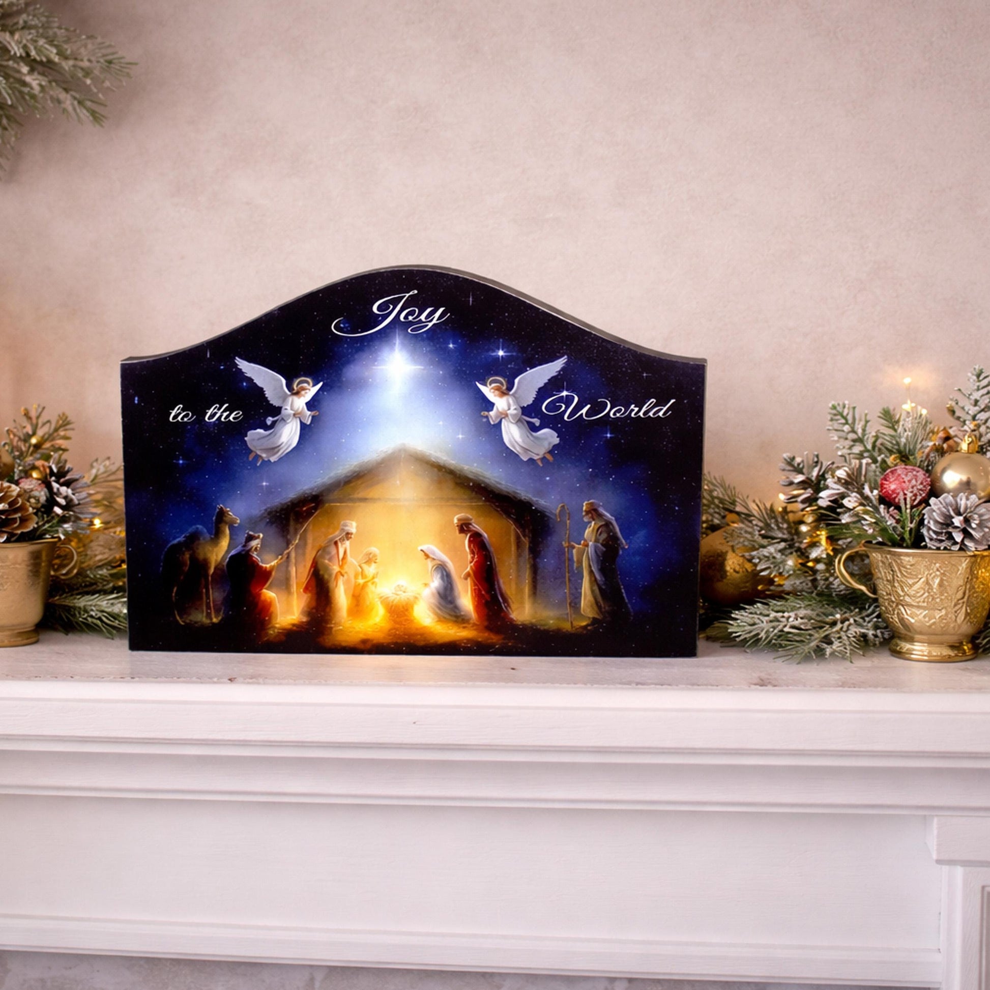 Nativity Scene Shelf Sitter – “Joy to the World” Personalized Wooden Manger Decor