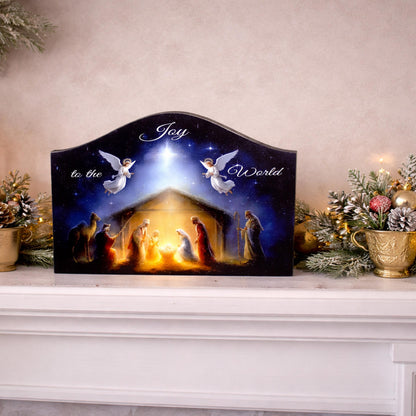 Nativity Scene Shelf Sitter – “Joy to the World” Personalized Wooden Manger Decor