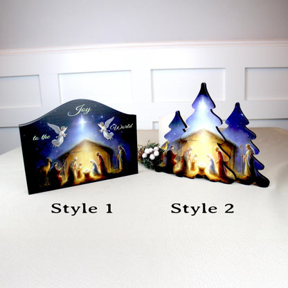 Nativity Scene Shelf Sitter – Personalized Wooden Manger Display, Christmas Mantel Decor