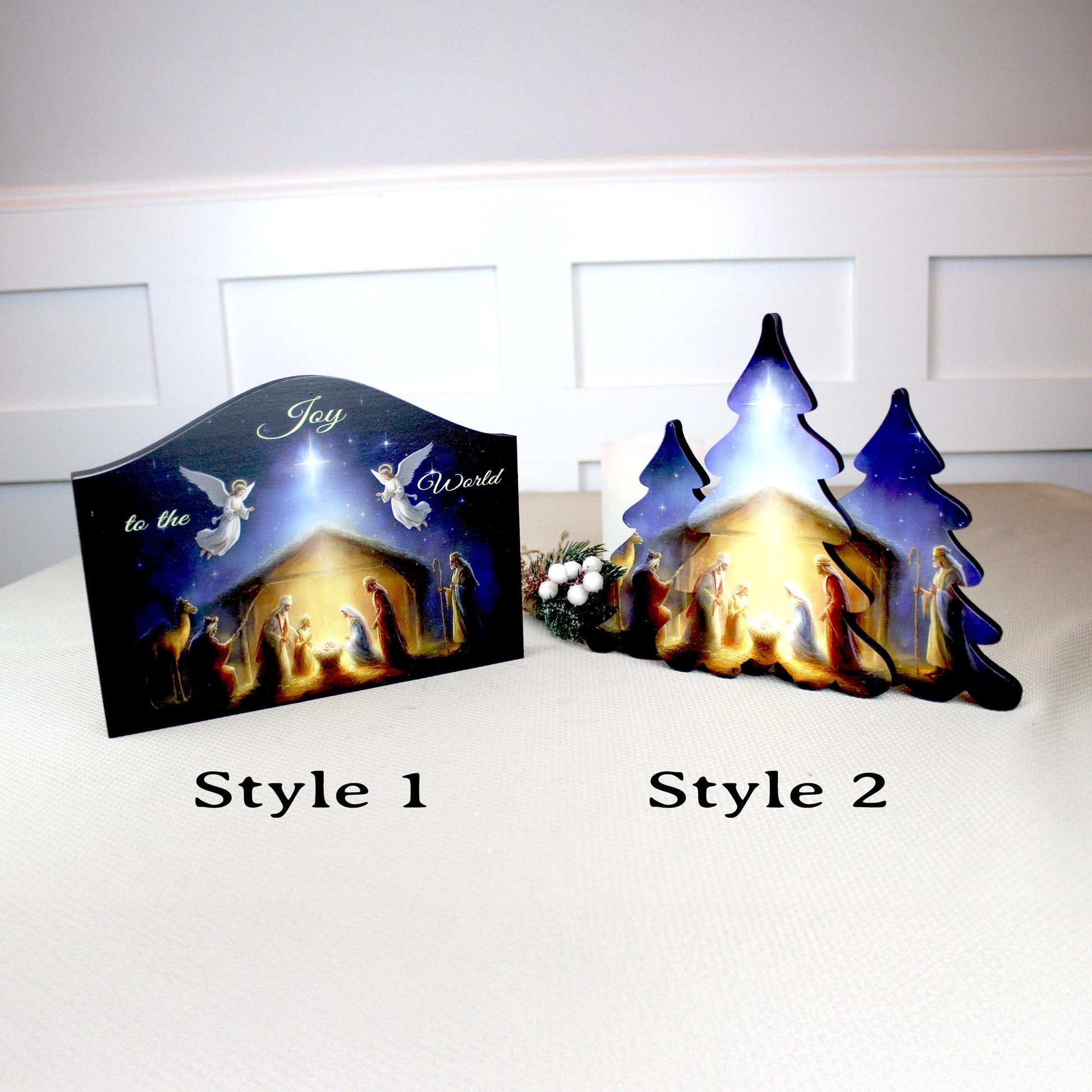 Nativity Scene Shelf Sitter – Personalized Wooden Manger Display, Christmas Mantel Decor