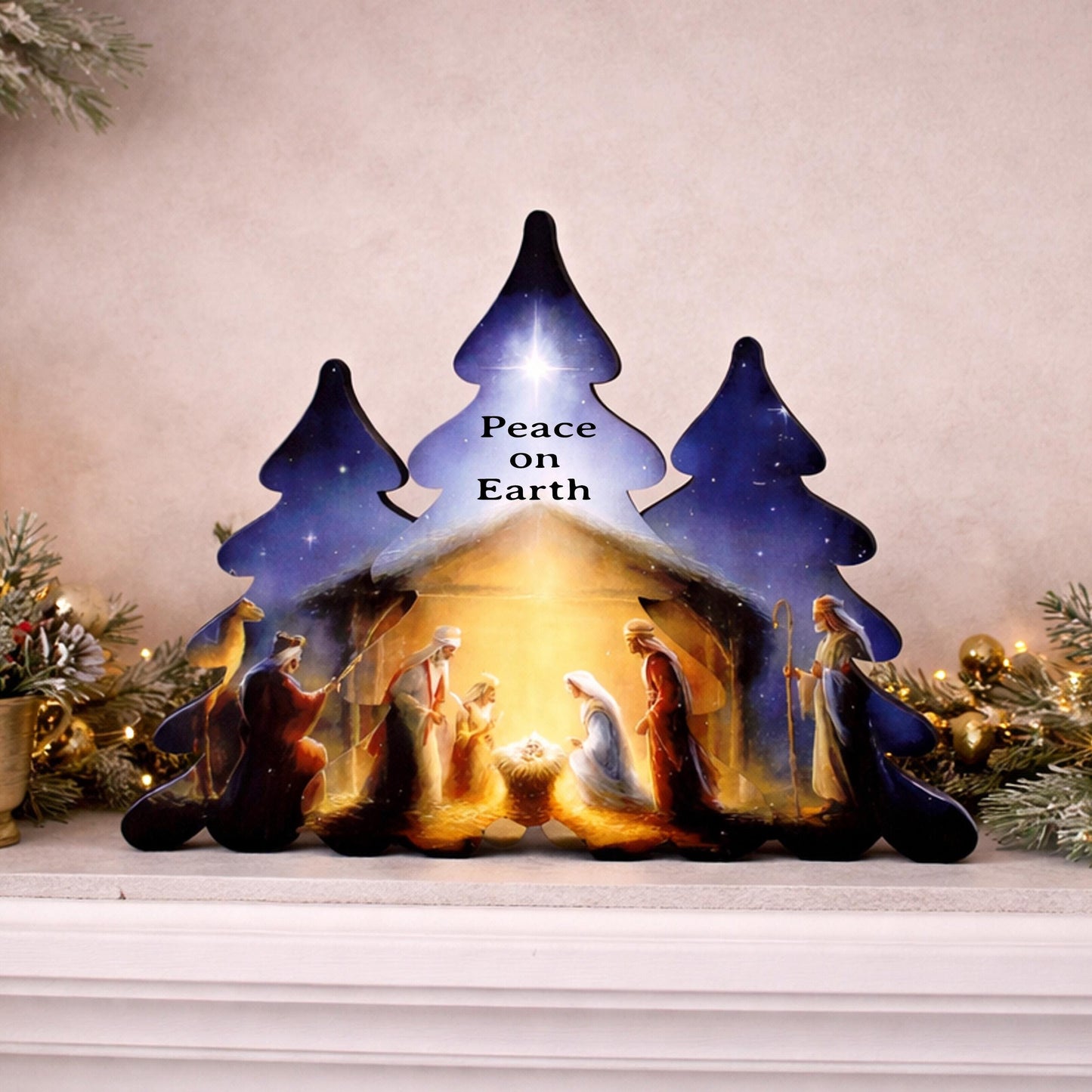 Nativity Scene Shelf Sitter – Personalized Wooden Manger Display, Christmas Mantel Decor