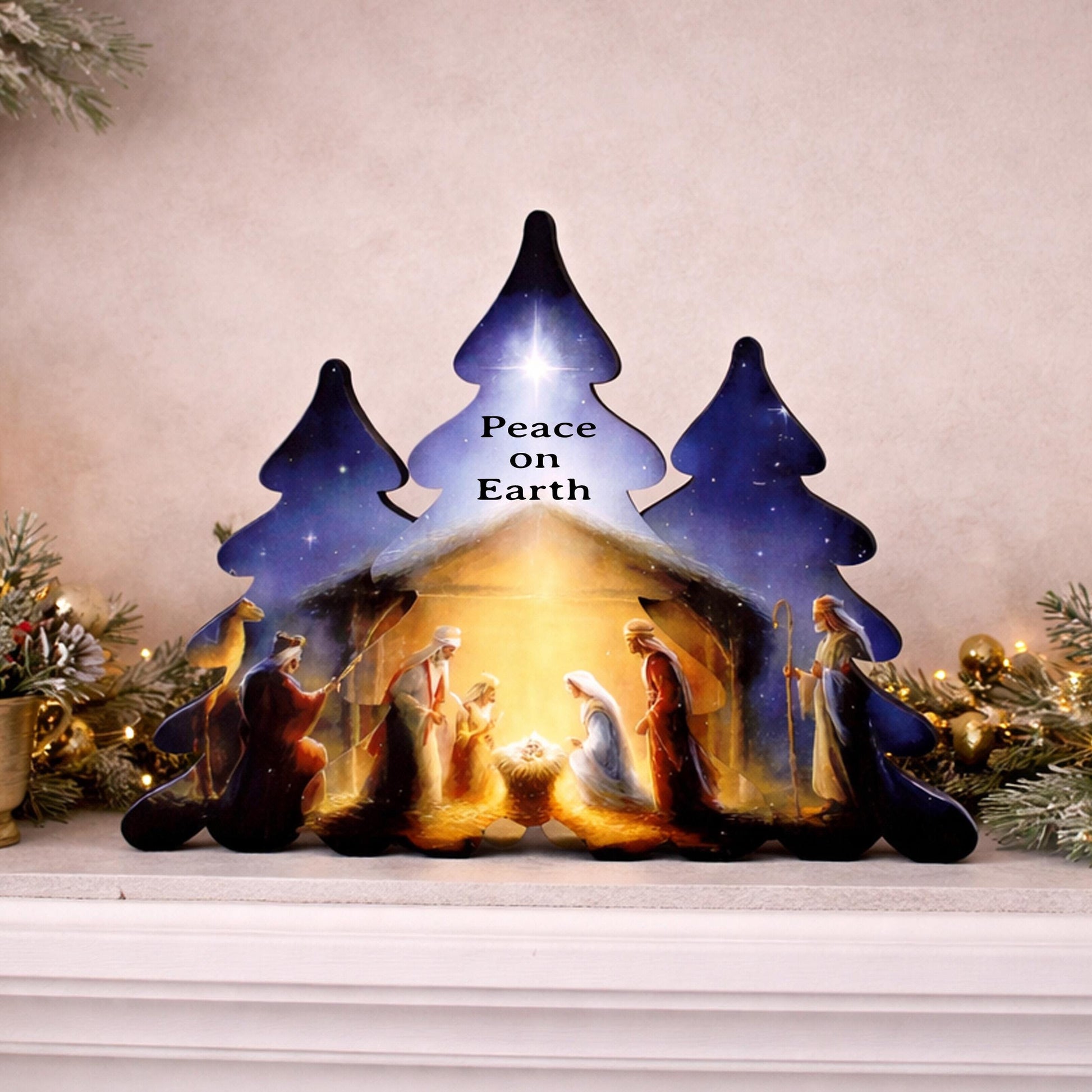 Nativity Scene Shelf Sitter – Personalized Wooden Manger Display, Christmas Mantel Decor