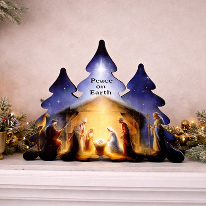 Nativity Scene Shelf Sitter – Personalized Wooden Manger Display, Christmas Mantel Decor