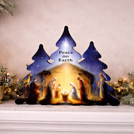 Nativity Scene Shelf Sitter – Personalized Wooden Manger Display, Christmas Mantel Decor