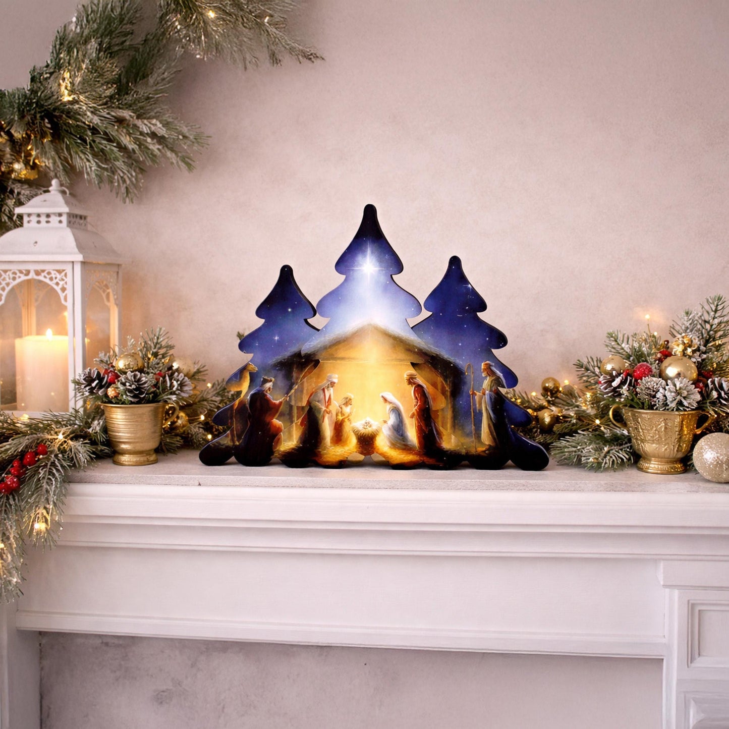 Nativity Scene Shelf Sitter – Personalized Wooden Manger Display, Christmas Mantel Decor