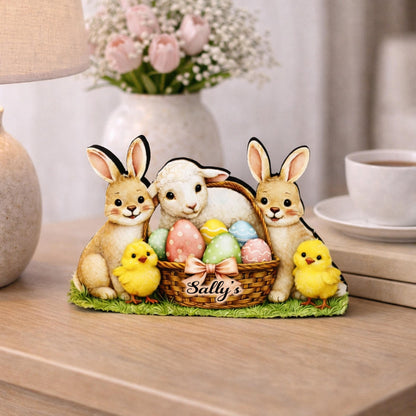Easter Shelf Sitter – Bunnies, Lamb & Chicks with Eggs Basket, Personalized Wooden Mantel Decor, Perfect Mantel and Tiered Tray Decor