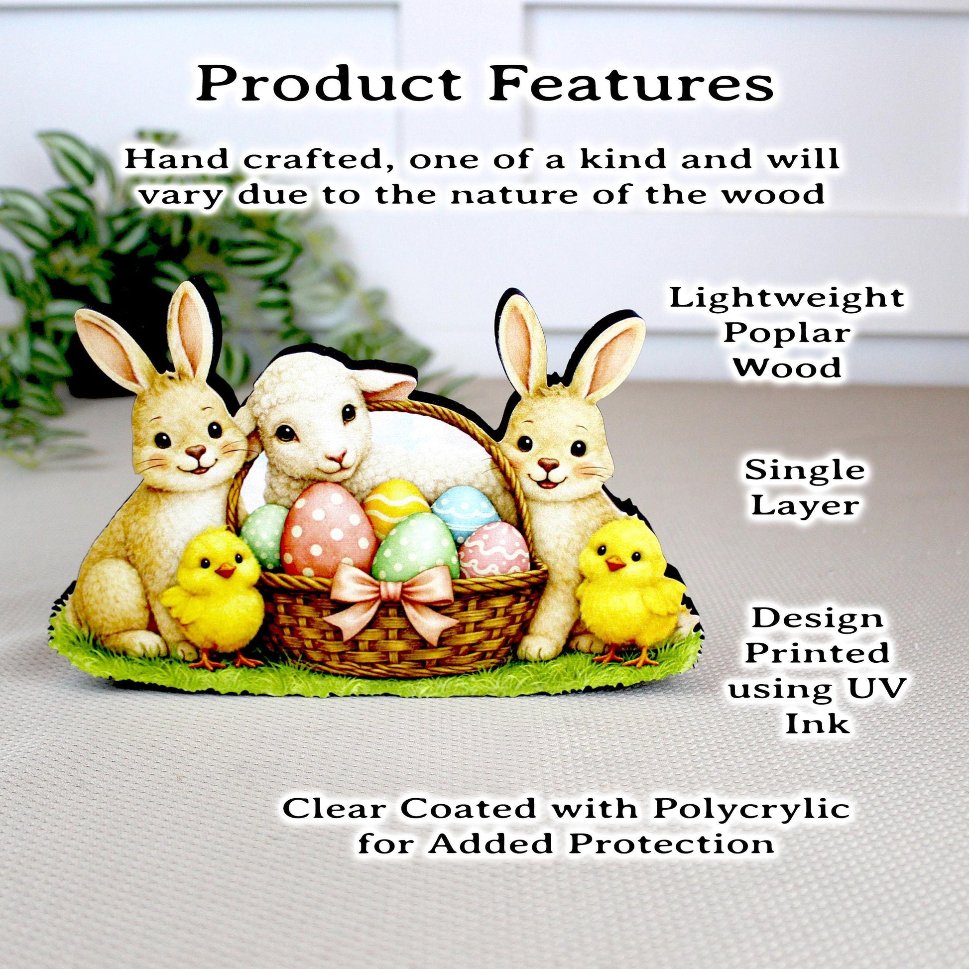 Easter Shelf Sitter – Bunnies, Lamb & Chicks with Eggs Basket, Personalized Wooden Mantel Decor, Perfect Mantel and Tiered Tray Decor