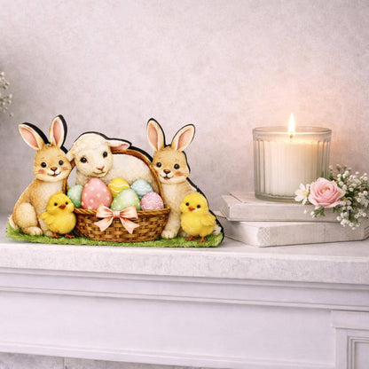 Easter Shelf Sitter – Bunnies, Lamb & Chicks with Eggs Basket, Personalized Wooden Mantel Decor, Perfect Mantel and Tiered Tray Decor