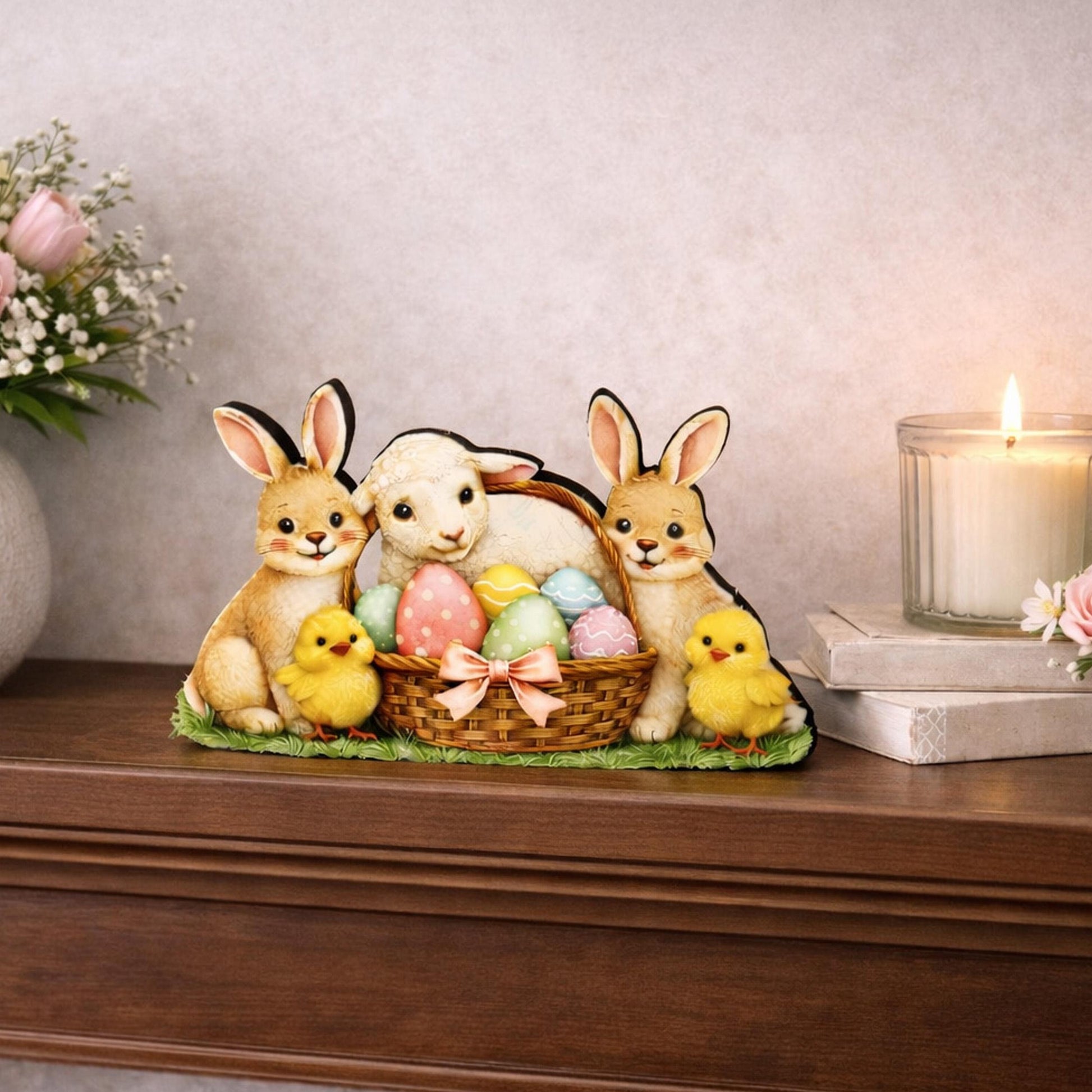 Easter Shelf Sitter – Bunnies, Lamb & Chicks with Eggs Basket, Personalized Wooden Mantel Decor, Perfect Mantel and Tiered Tray Decor