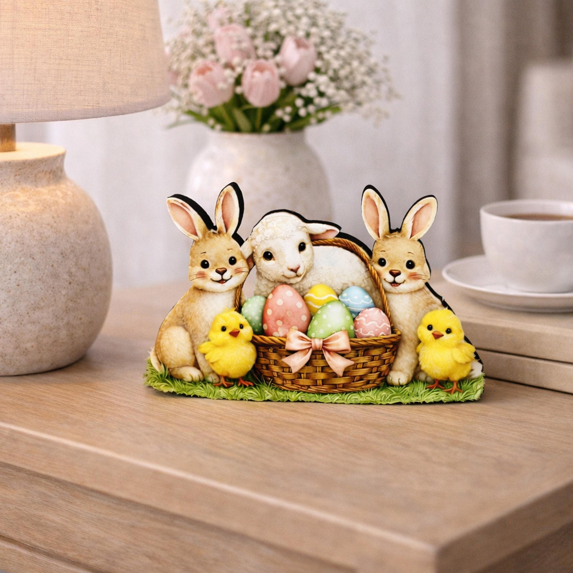 Easter Shelf Sitter – Bunnies, Lamb & Chicks with Eggs Basket, Personalized Wooden Mantel Decor, Perfect Mantel and Tiered Tray Decor