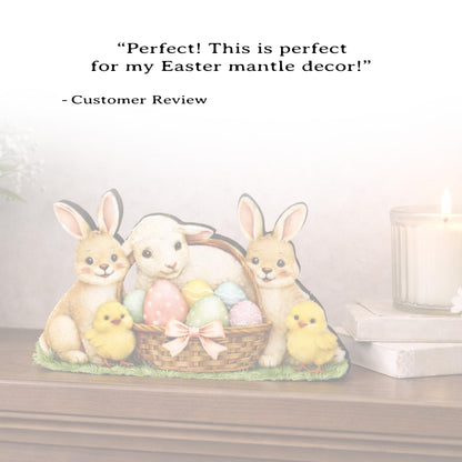 Easter Shelf Sitter – Bunnies, Lamb & Chicks with Eggs Basket, Personalized Wooden Mantel Decor, Perfect Mantel and Tiered Tray Decor