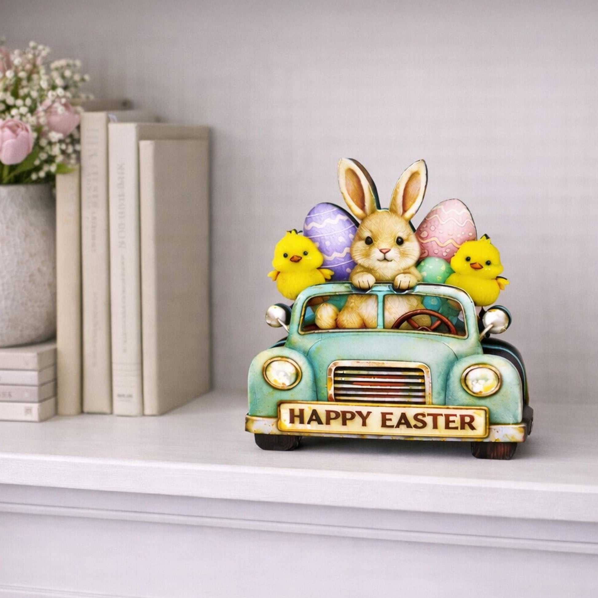 Easter Truck Shelf Sitter – Bunny & Chicks with Eggs, Personalized Wooden Spring Decor, Perfect for Mantels, Shelves and Tiered Trays