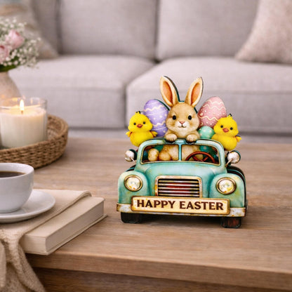 Easter Truck Shelf Sitter – Bunny & Chicks with Eggs, Personalized Wooden Spring Decor, Perfect for Mantels, Shelves and Tiered Trays