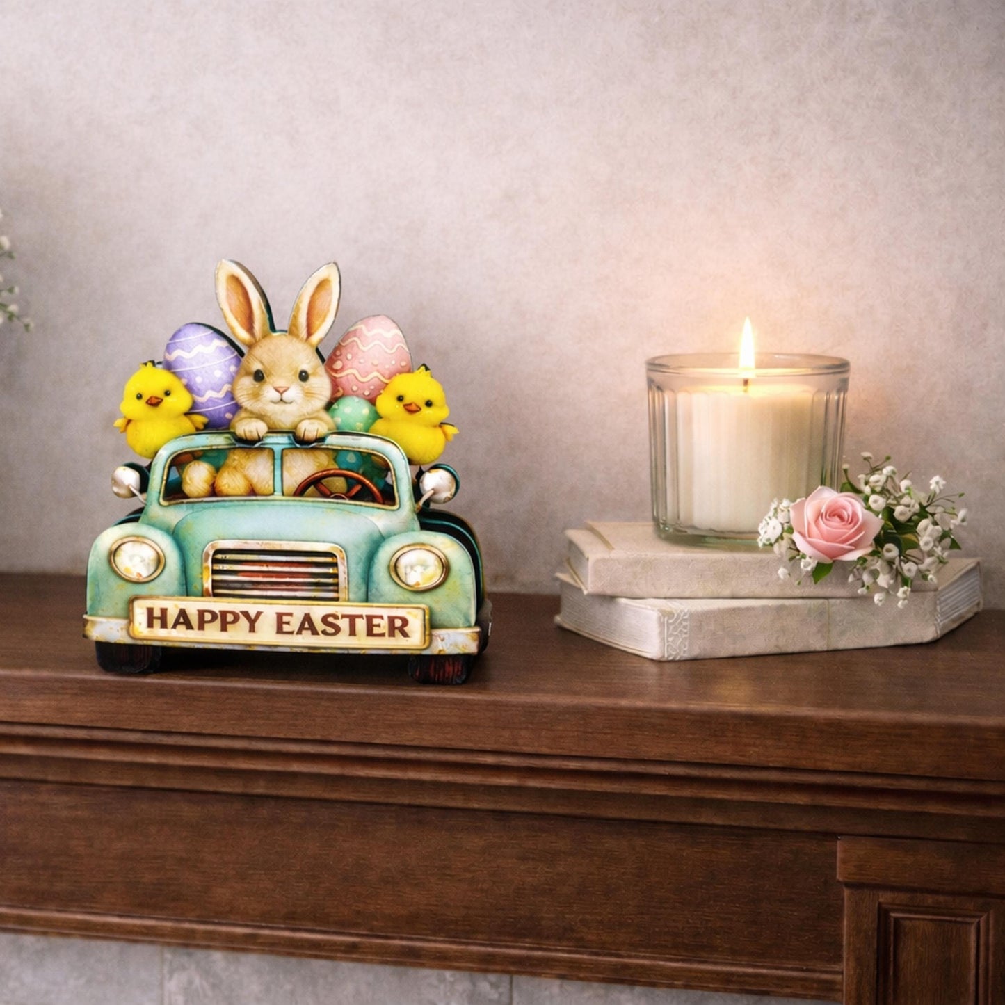 Easter Truck Shelf Sitter – Bunny & Chicks with Eggs, Personalized Wooden Spring Decor, Perfect for Mantels, Shelves and Tiered Trays