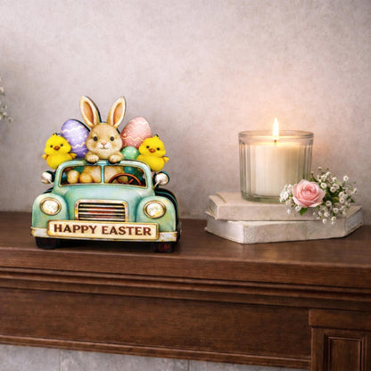 Easter Truck Shelf Sitter – Bunny & Chicks with Eggs, Personalized Wooden Spring Decor, Perfect for Mantels, Shelves and Tiered Trays