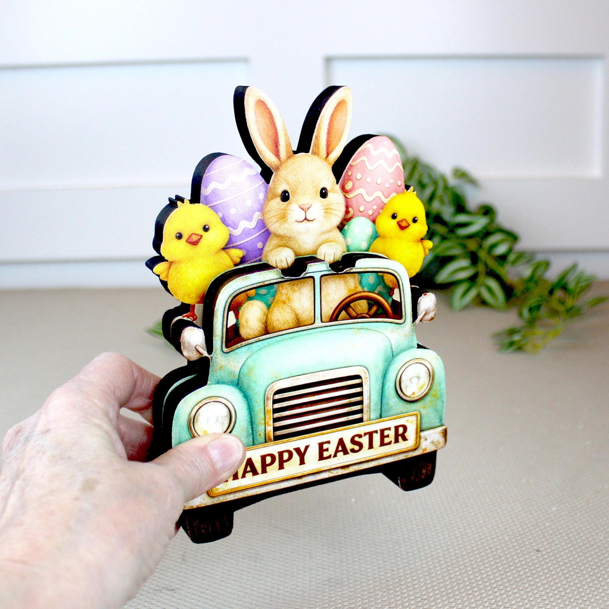 Easter Truck Shelf Sitter – Bunny & Chicks with Eggs, Personalized Wooden Spring Decor, Perfect for Mantels, Shelves and Tiered Trays