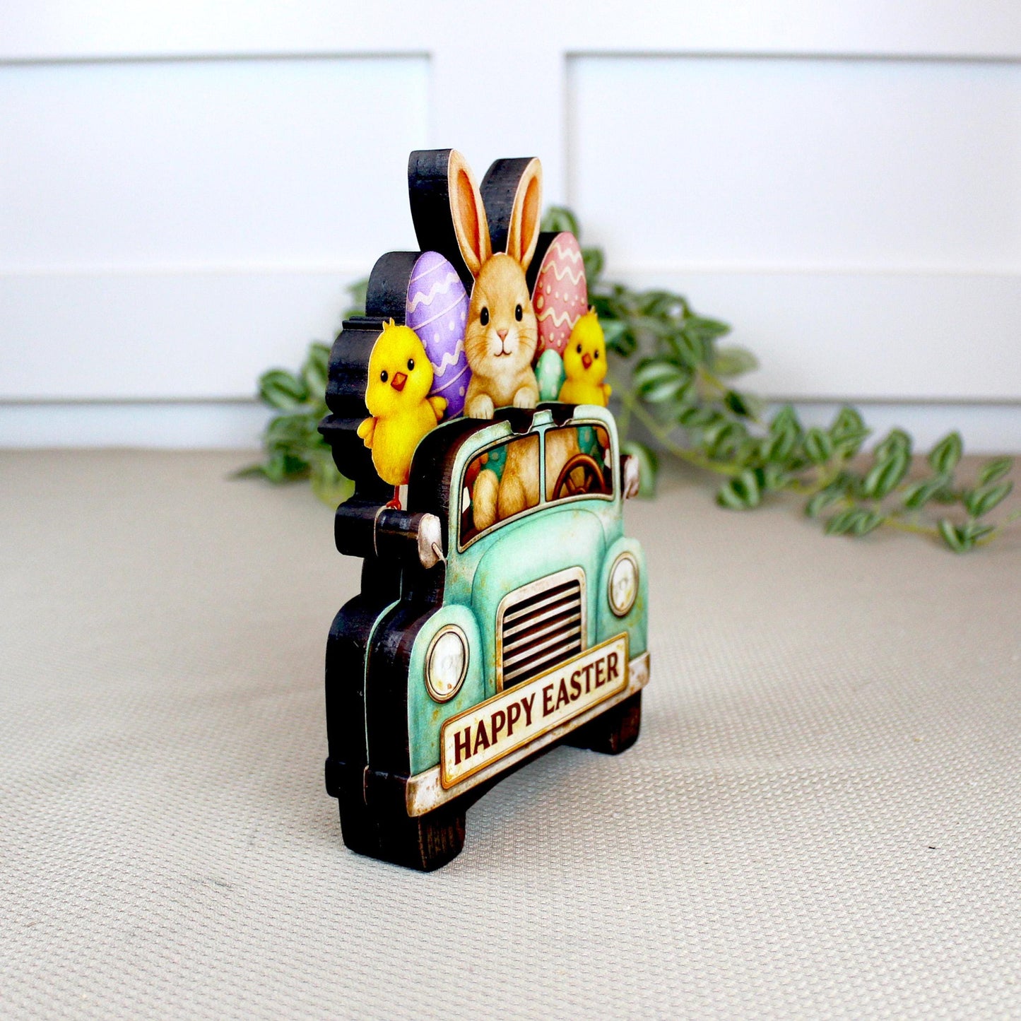 Easter Truck Shelf Sitter – Bunny & Chicks with Eggs, Personalized Wooden Spring Decor, Perfect for Mantels, Shelves and Tiered Trays