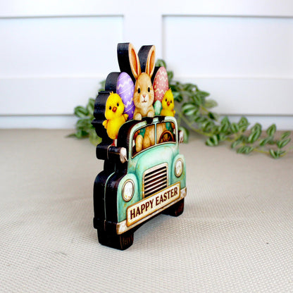 Easter Truck Shelf Sitter – Bunny & Chicks with Eggs, Personalized Wooden Spring Decor, Perfect for Mantels, Shelves and Tiered Trays