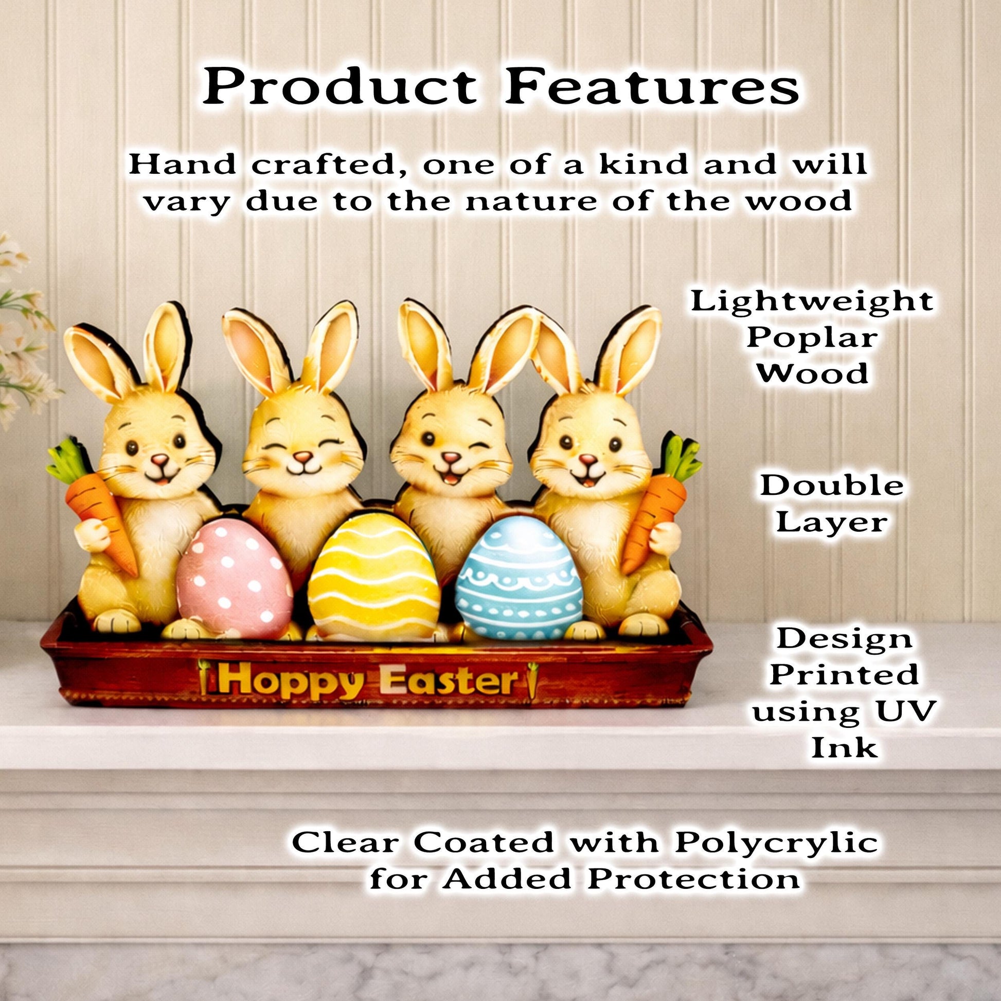 Bunnies in an Easter Basket With Eggs Shelf Sitter – Personalized Wooden Spring Mantel Decor, Perfect Mantel Decor or Tiered Tray