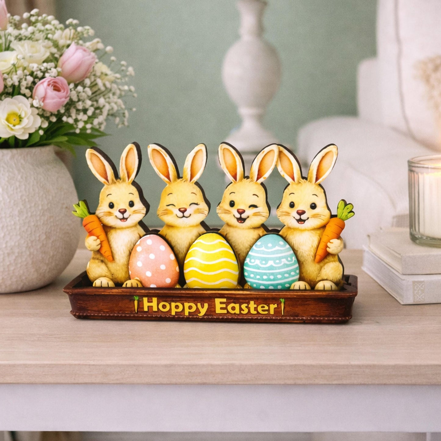 Bunnies in an Easter Basket With Eggs Shelf Sitter – Personalized Wooden Spring Mantel Decor, Perfect Mantel Decor or Tiered Tray