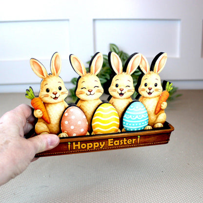 Bunnies in an Easter Basket With Eggs Shelf Sitter – Personalized Wooden Spring Mantel Decor, Perfect Mantel Decor or Tiered Tray