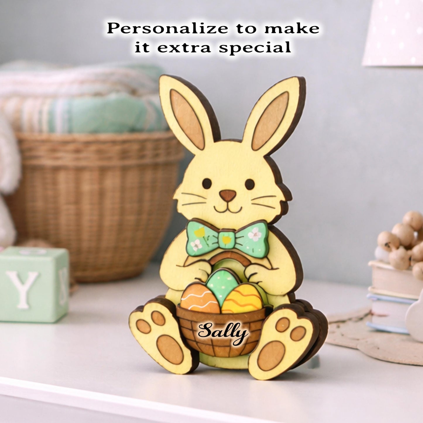 Easter Bunny Shelf Sitter – Personalized Wooden Decor, Two Sizes, Basket of Eggs, Perfect Mantel or Tiered Tray Decor