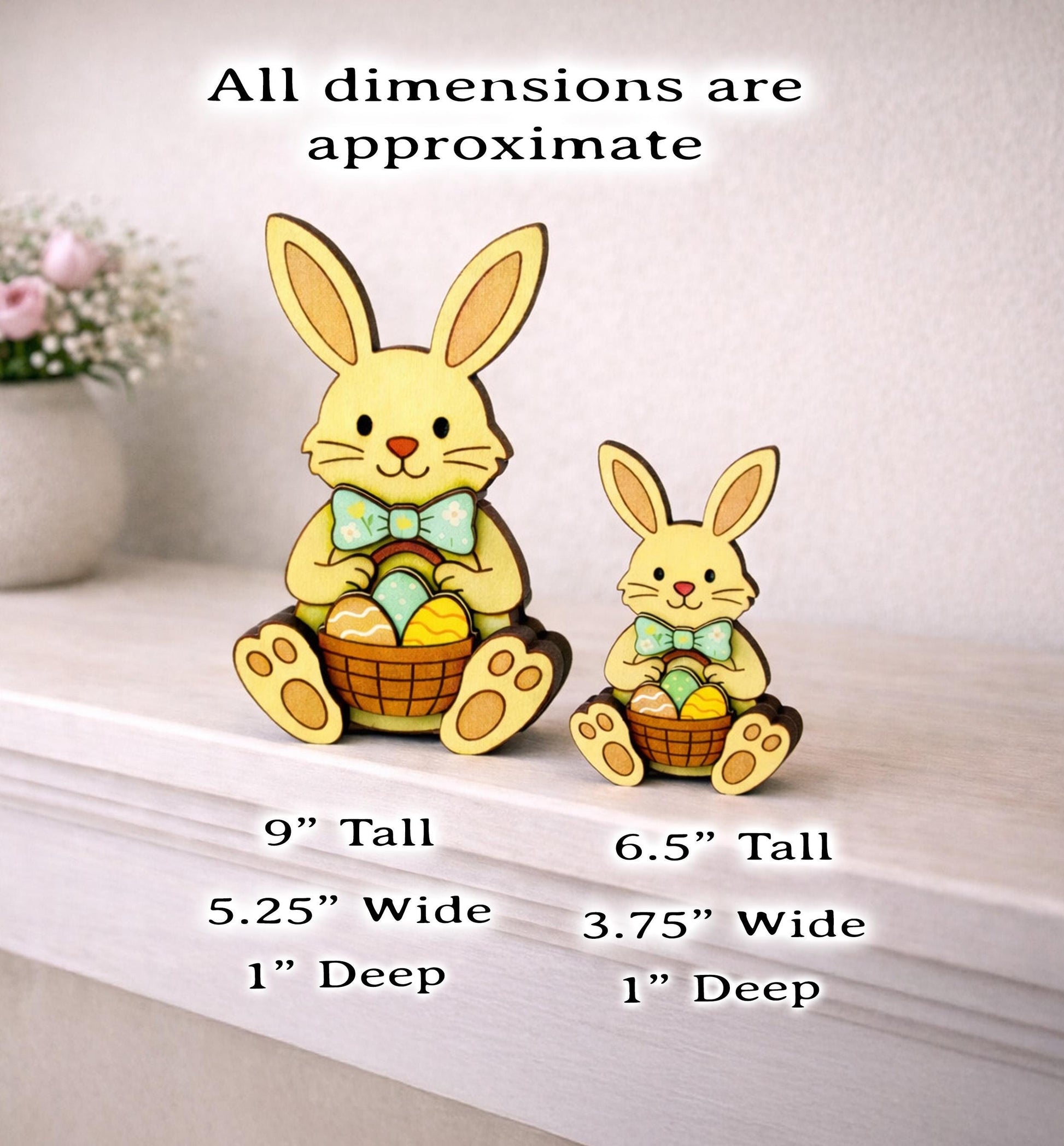 Easter Bunny Shelf Sitter – Personalized Wooden Decor, Two Sizes, Basket of Eggs, Perfect Mantel or Tiered Tray Decor