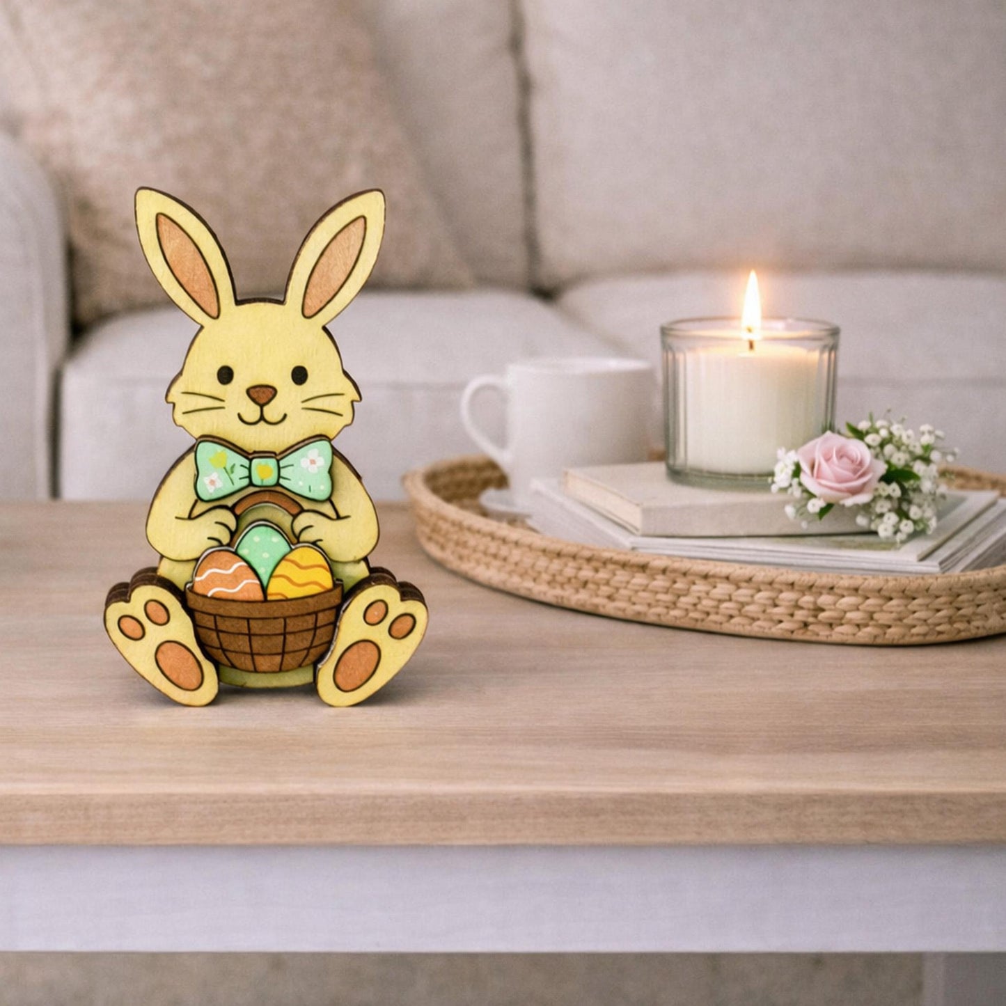 Easter Bunny Shelf Sitter – Personalized Wooden Decor, Two Sizes, Basket of Eggs, Perfect Mantel or Tiered Tray Decor