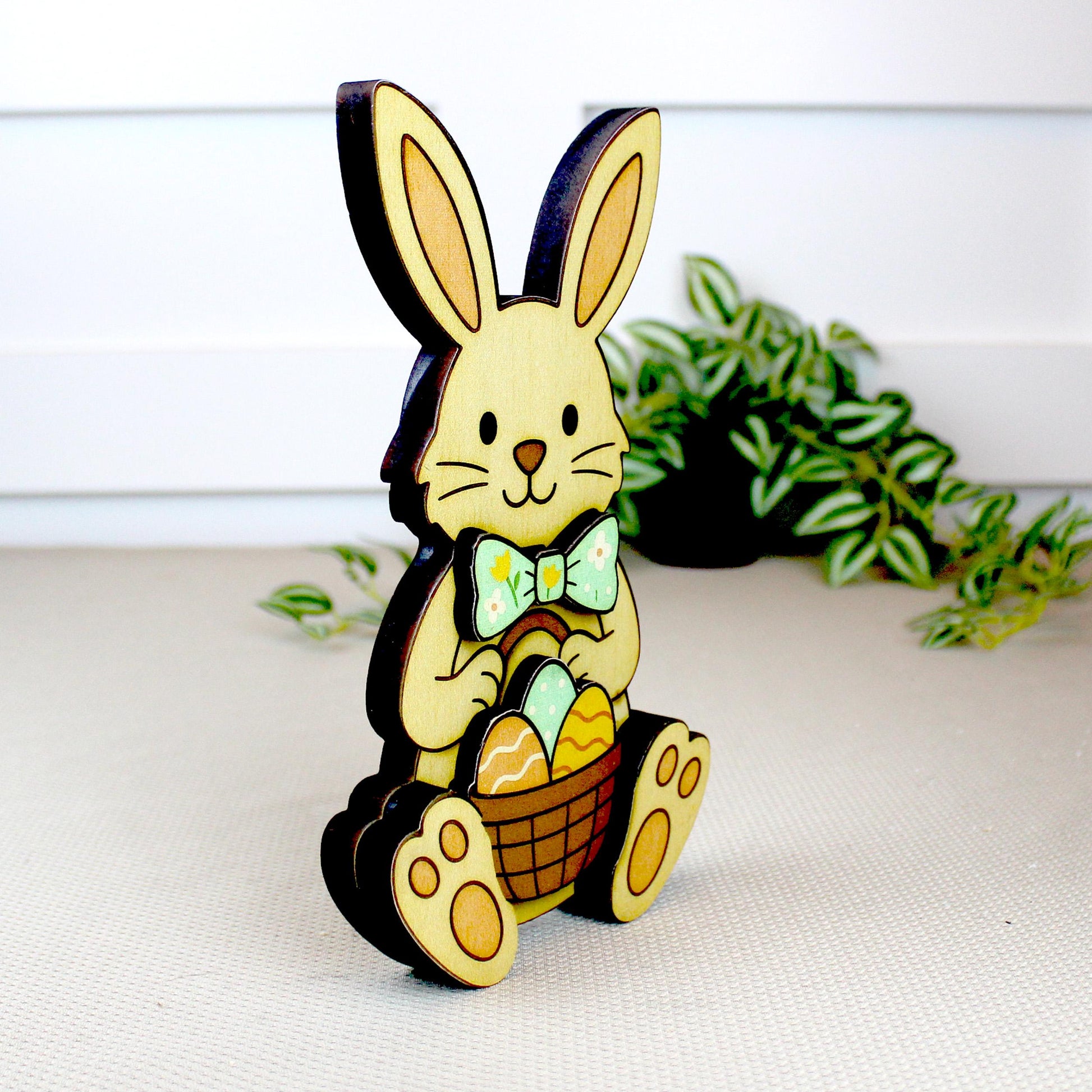 Easter Bunny Shelf Sitter – Personalized Wooden Decor, Two Sizes, Basket of Eggs, Perfect Mantel or Tiered Tray Decor