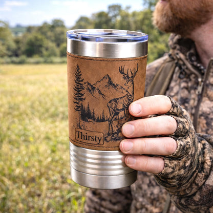 Personalized deer hunting tumbler, engraved deer hunting, Polar Camel, faux leather travel mug, outdoors coffee mug, family hunting gift