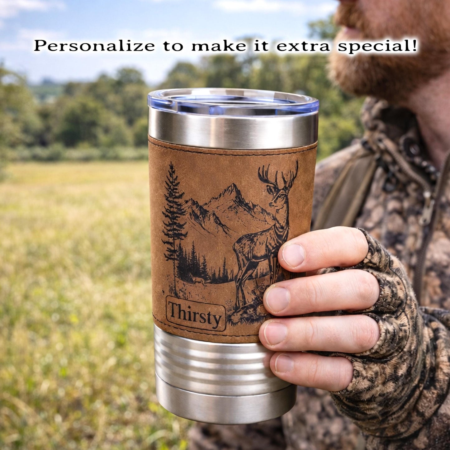 Personalized deer hunting tumbler, engraved deer hunting, Polar Camel, faux leather travel mug, outdoors coffee mug, family hunting gift