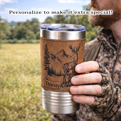Personalized deer hunting tumbler, engraved deer hunting, Polar Camel, faux leather travel mug, outdoors coffee mug, family hunting gift