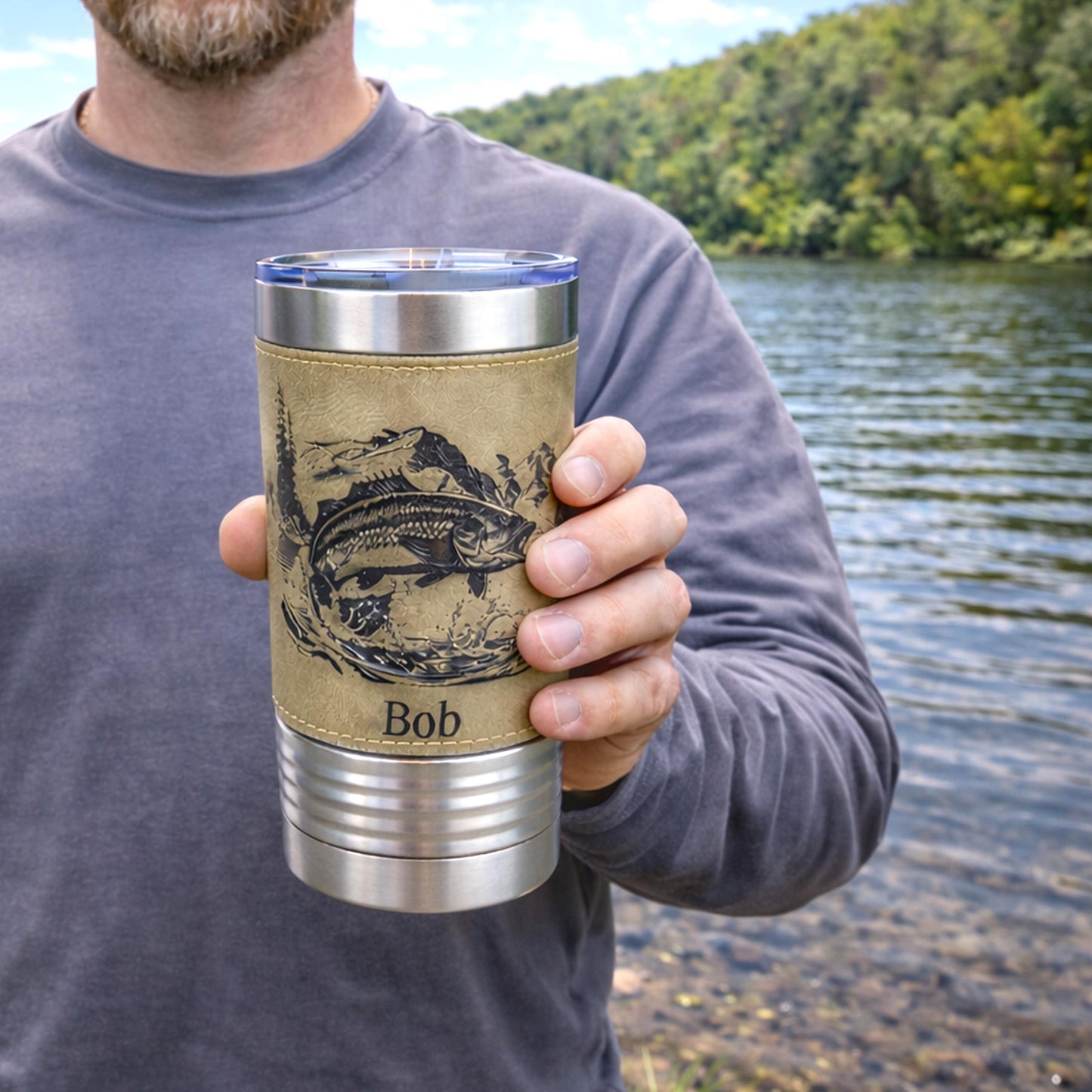 Engraved Mountain Lake Fishing Design Decorates this Wonderful Leather Wrapped Insulated Stainless Steel Coffee/Beverage Travel mug