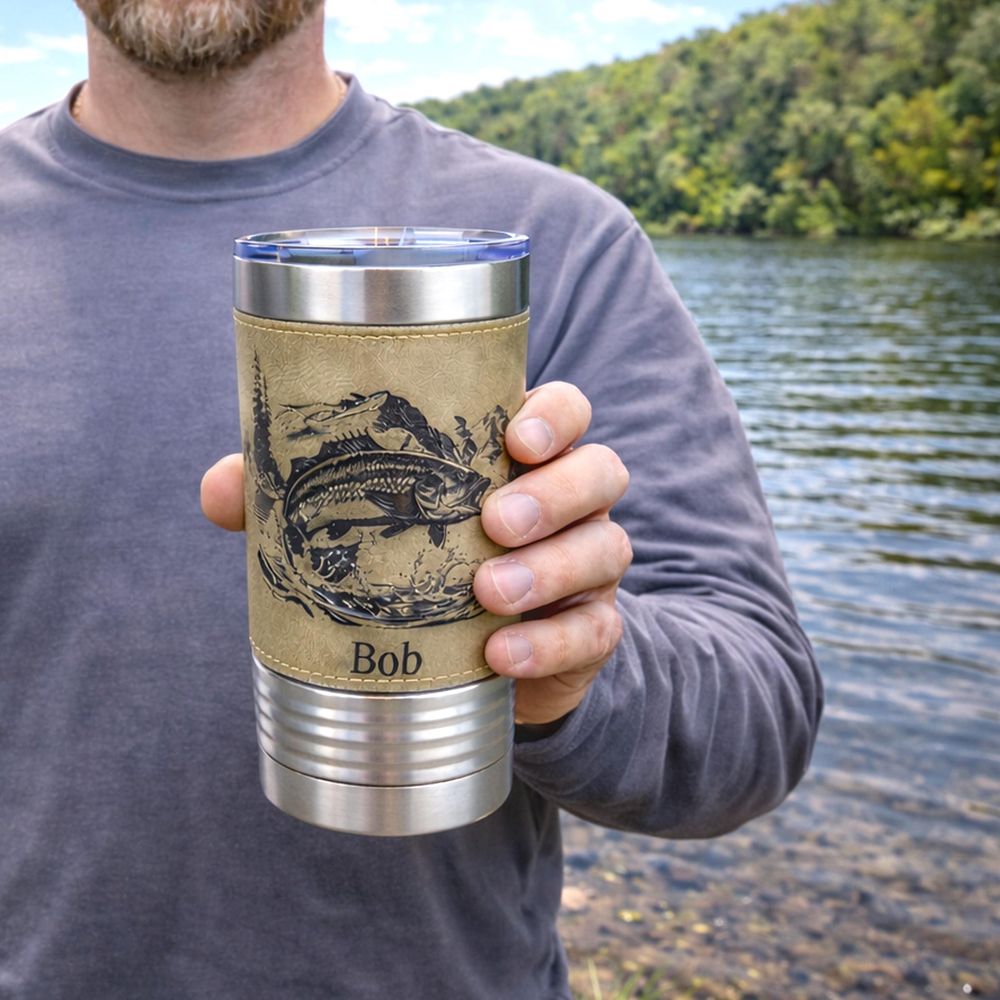 Engraved Mountain Lake Fishing Design Decorates this Wonderful Leather Wrapped Insulated Stainless Steel Coffee/Beverage Travel mug