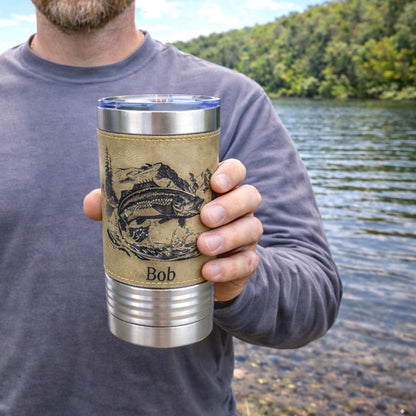 Engraved Mountain Lake Fishing Design Decorates this Wonderful Leather Wrapped Insulated Stainless Steel Coffee/Beverage Travel mug