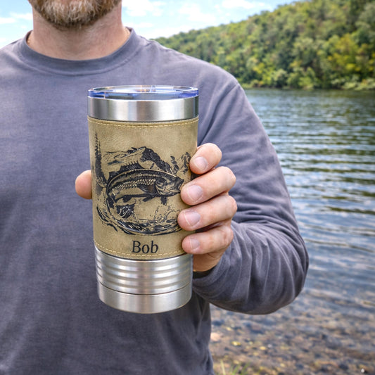 Engraved Mountain Lake Fishing Design Decorates this Wonderful Leather Wrapped Insulated Stainless Steel Coffee/Beverage Travel mug