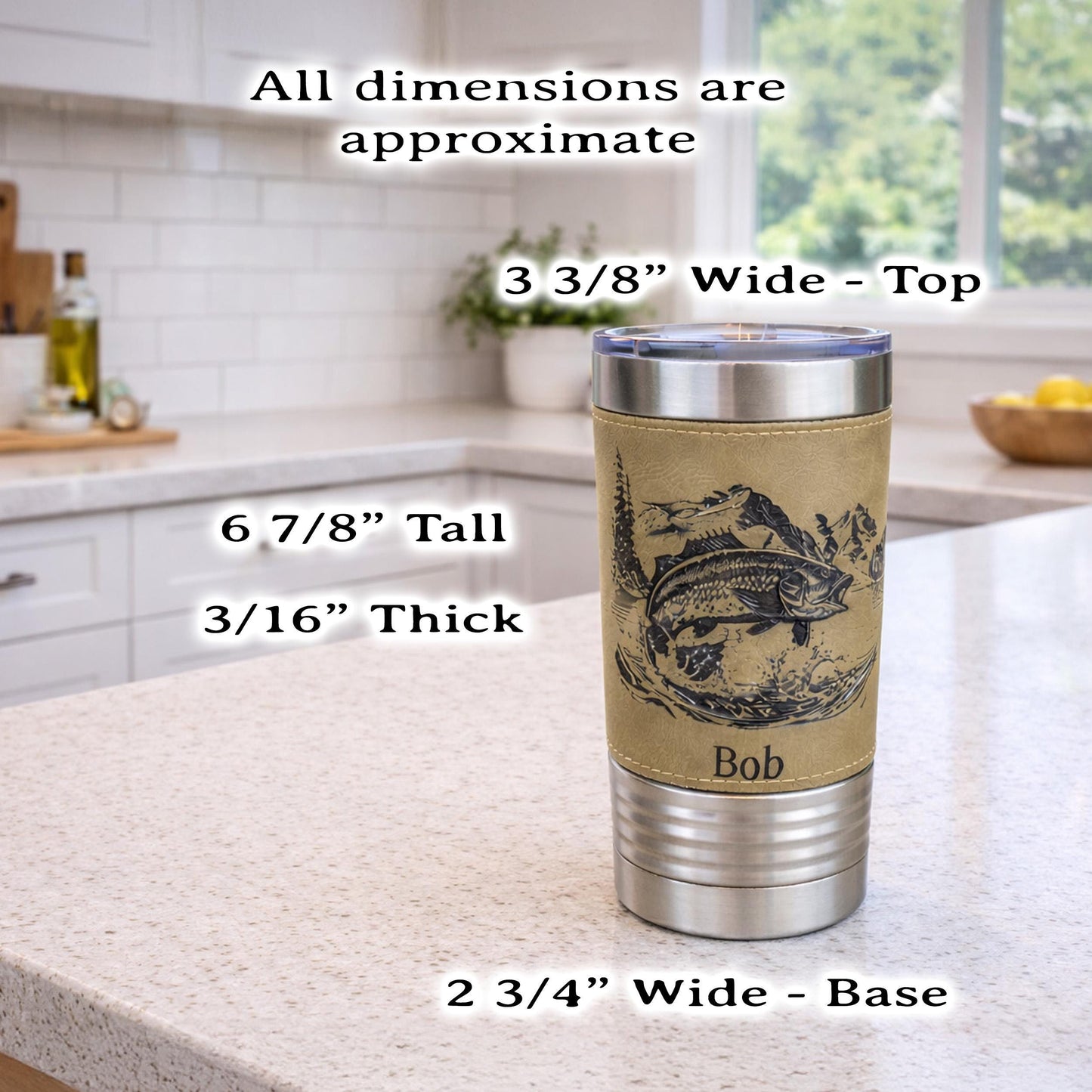 Engraved Mountain Lake Fishing Design Decorates this Wonderful Leather Wrapped Insulated Stainless Steel Coffee/Beverage Travel mug