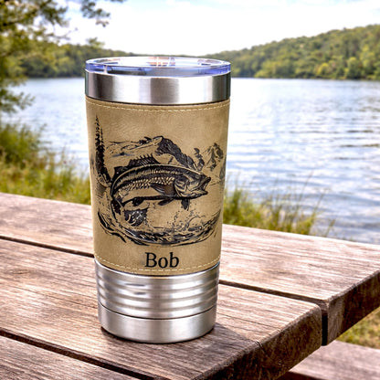 Engraved Mountain Lake Fishing Design Decorates this Wonderful Leather Wrapped Insulated Stainless Steel Coffee/Beverage Travel mug