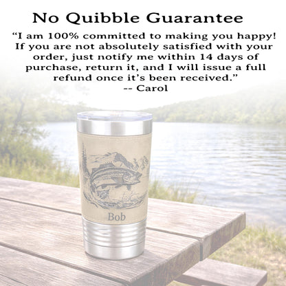 Engraved Mountain Lake Fishing Design Decorates this Wonderful Leather Wrapped Insulated Stainless Steel Coffee/Beverage Travel mug