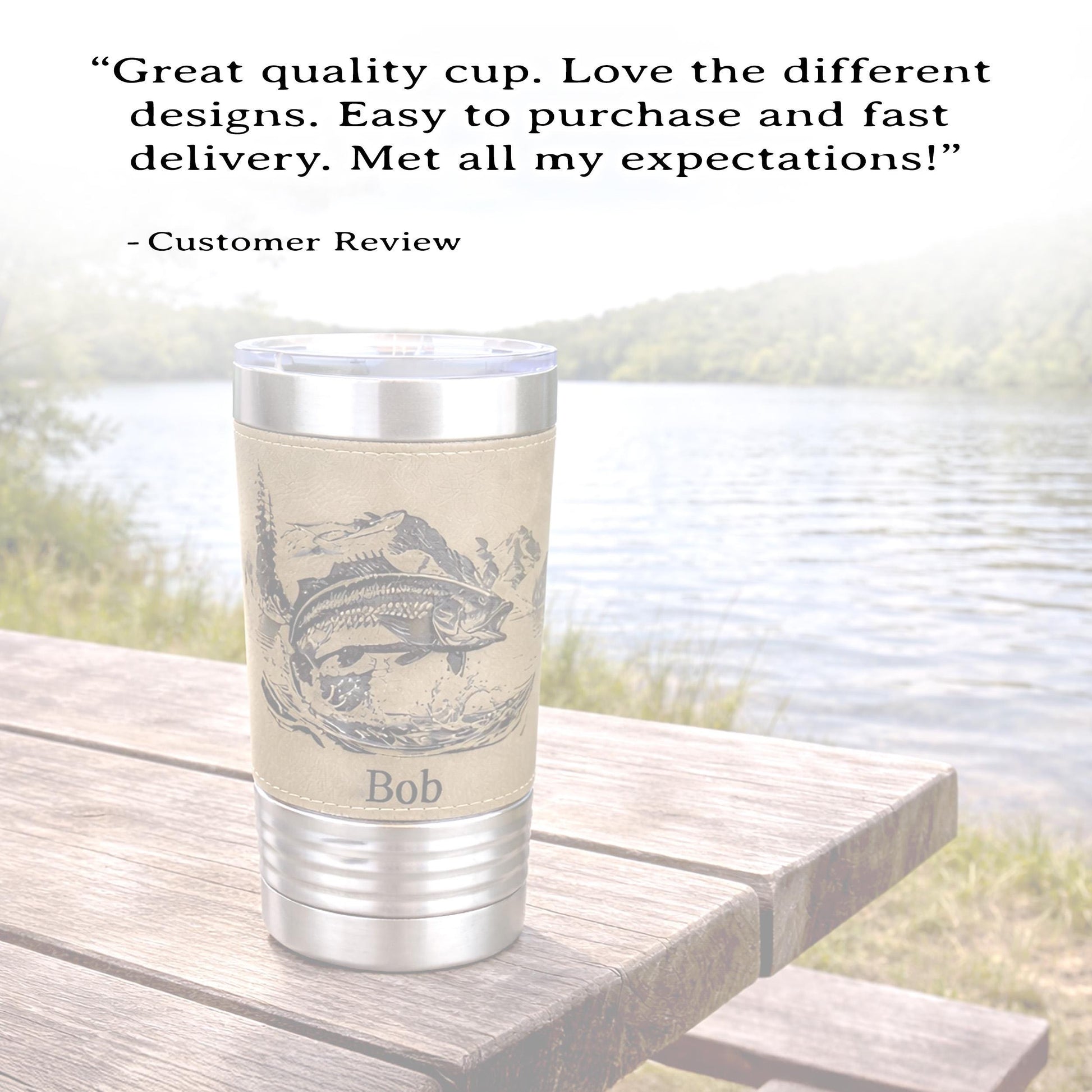 Personalized fishing tumbler, engraved fishing gift, Faux Leather Polar Camel, insulated travel mug, outdoors coffee mug, leatherette cup